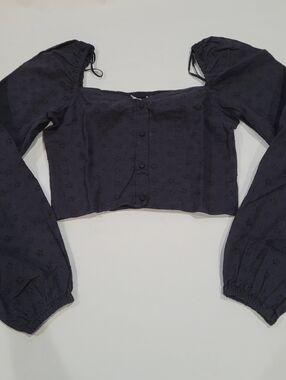 stradivarius Black Puff-Sleeve Eyelet Crop Top Longsleeve